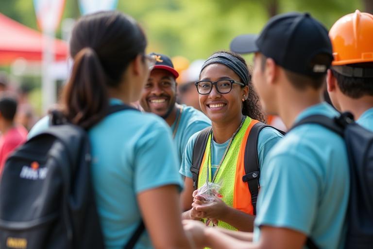 The Maxbanka Construction Group team members smiling while volunteering at a local Dallas community event, showing civic engagement.