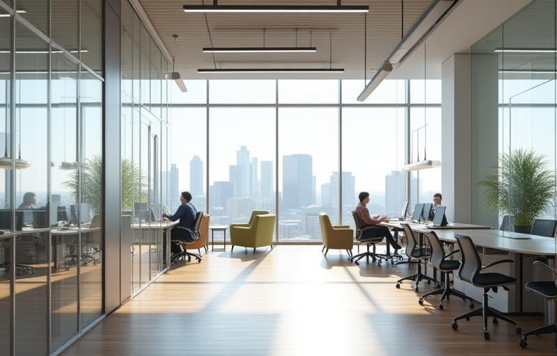 Modern renovated office interior with glass walls, collaborative spaces, and contemporary furniture in downtown Dallas, showing a transformed workspace.