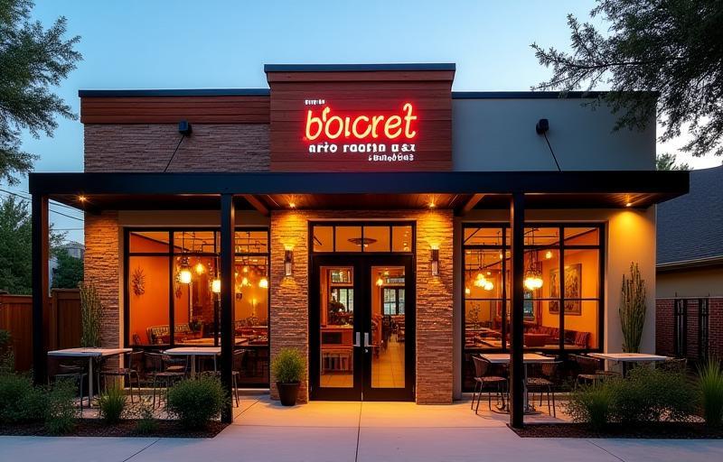Exterior view of a newly constructed local restaurant with a modern facade, prominent signage, and welcoming outdoor patio seating in a Dallas neighborhood.