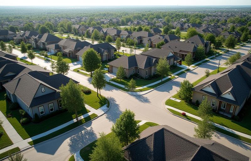 Aerial view of newly built single-family homes in a planned suburban Dallas neighborhood with inviting streets, green spaces, and parks.